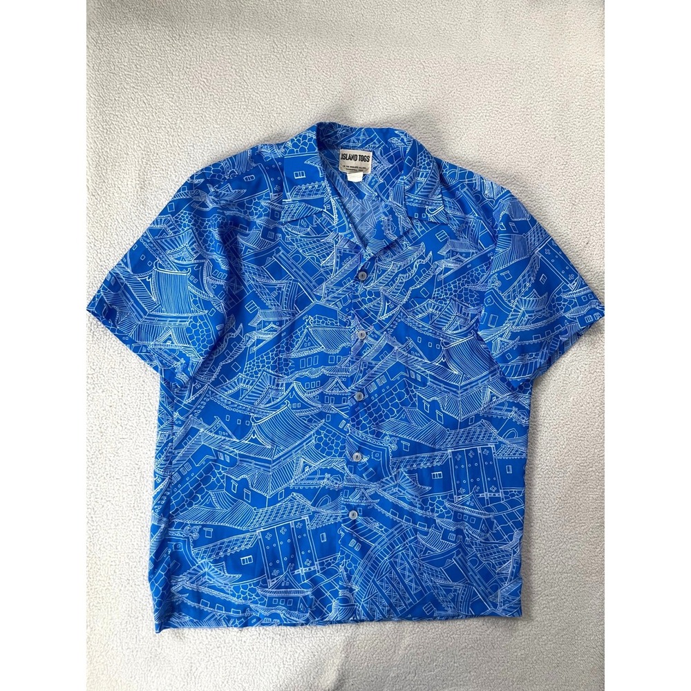 70s Vintage Island Togs‎ Mens Large Hawaiian Shirt Blue White Pagoda AOP